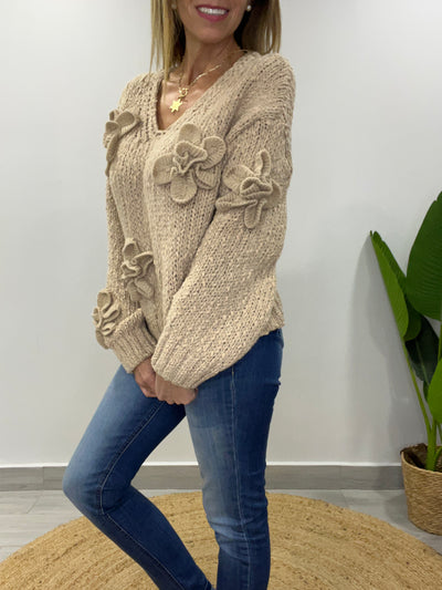 Sweater Flor Textura Camel