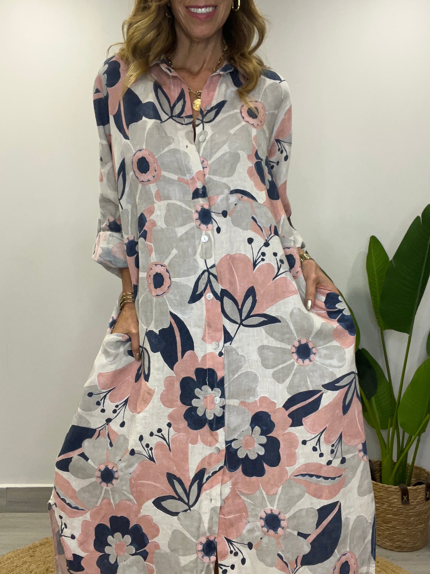 Vestido Lino Italiano Camisero Positano estelar