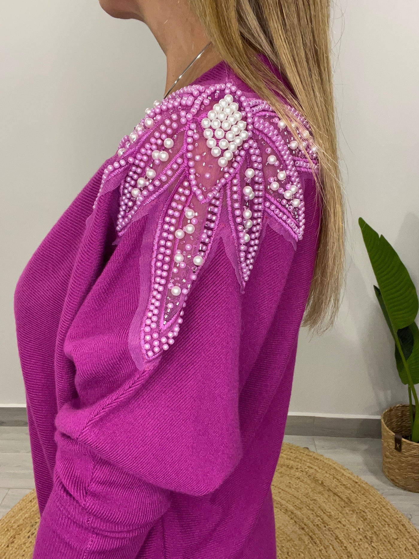 Sweater manga perlas Magenta