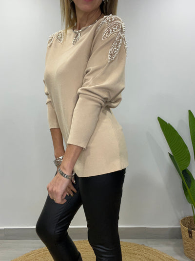Sweater manga perlas Beige
