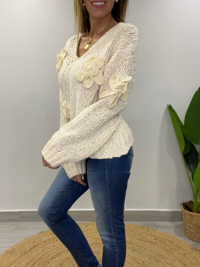 Sweater Flor textura Ivory