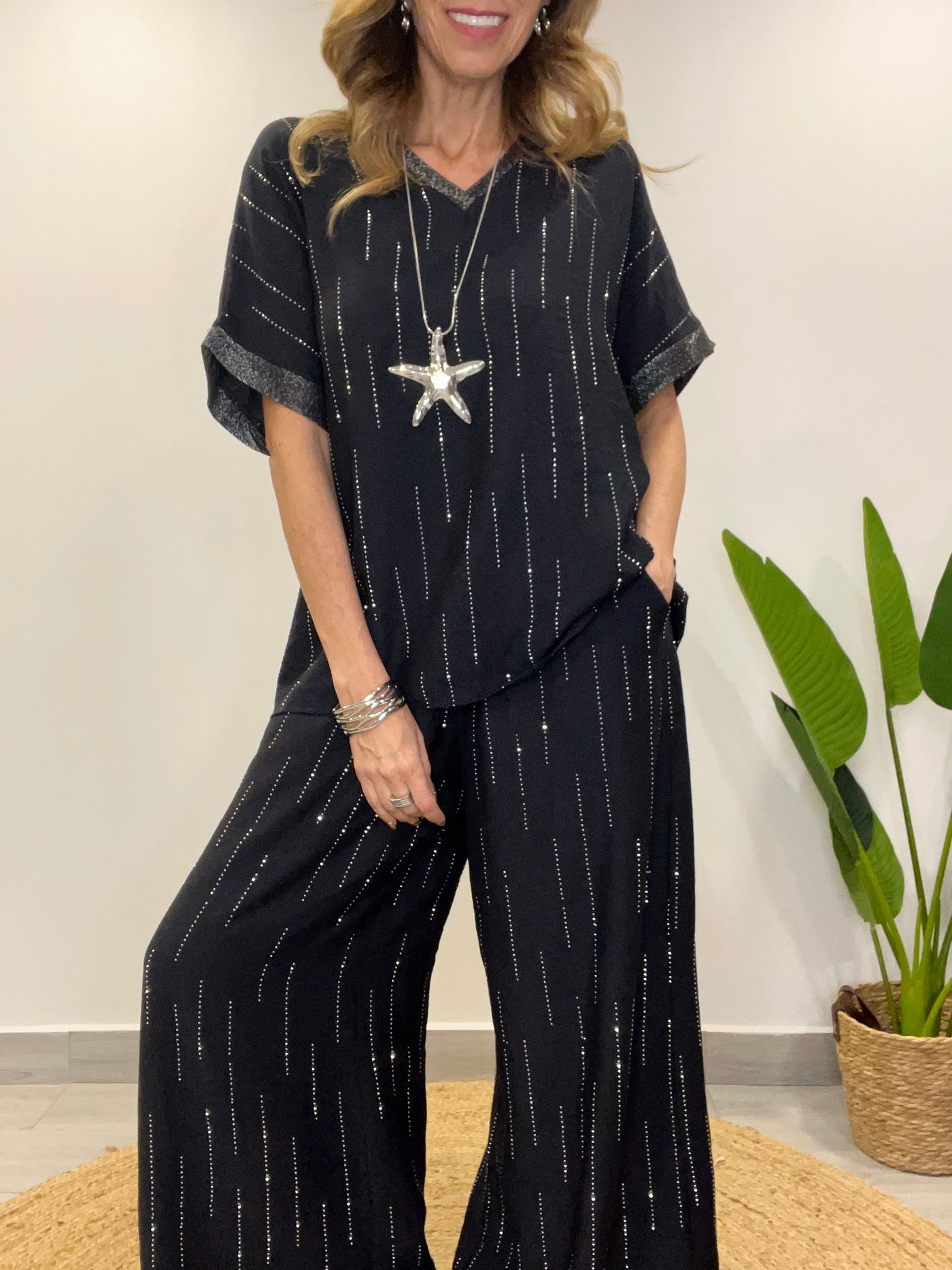 Conjunto Lino viscoso/Brillo Divino (2 piezas) Negro