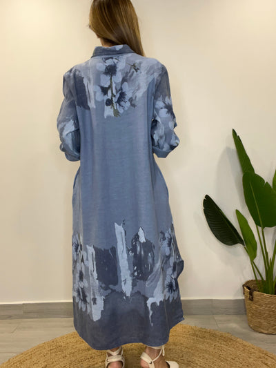 Vestido Lino Italiano Camisero Palermo Azul