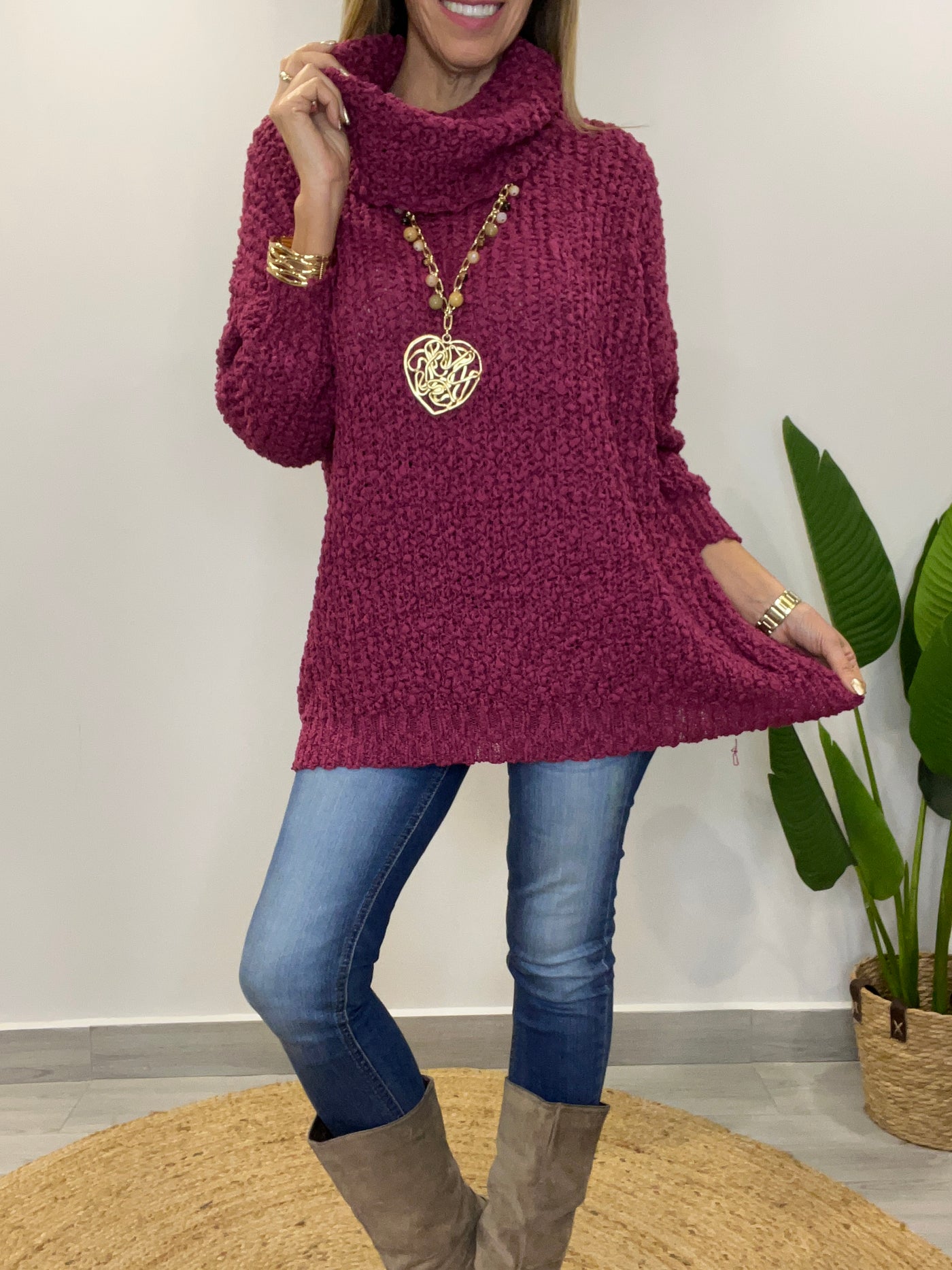 Sweater Buclé Cuello Cherry