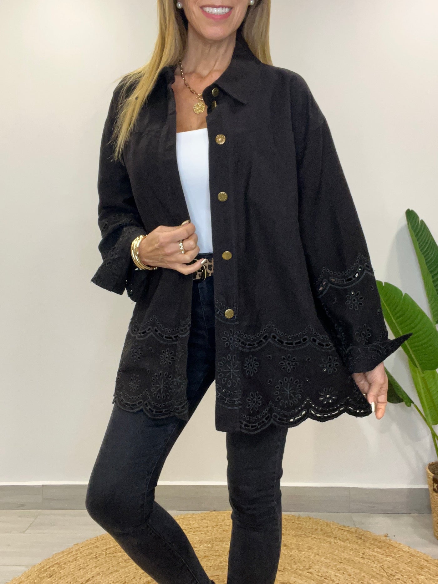 Chaqueta mezclilla/broderie Romántica Negra