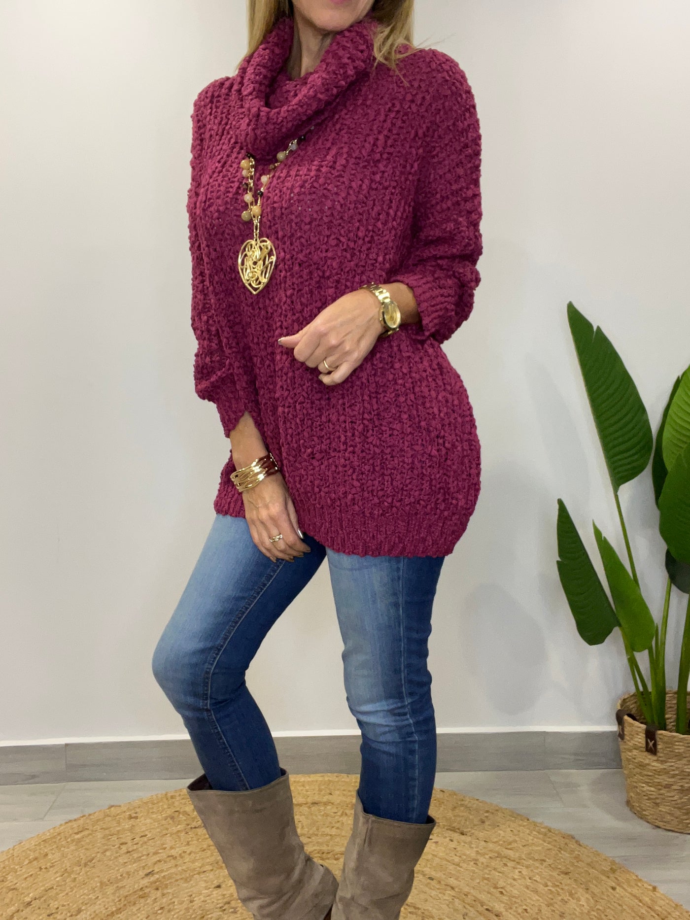 Sweater Buclé Cuello Cherry