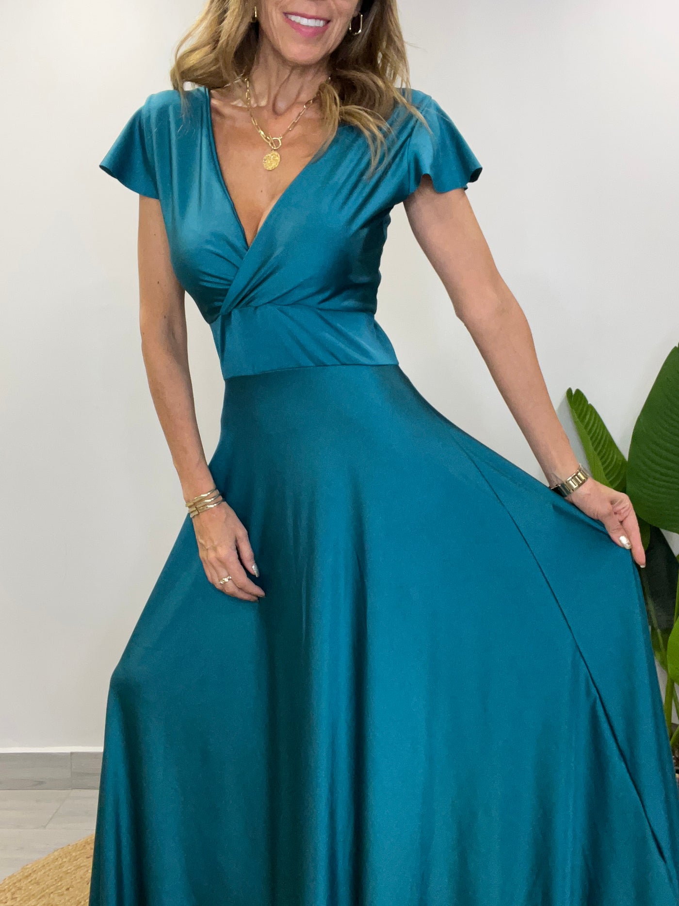 Vestido Lycra/Dupont Romántico Verde Petróleo