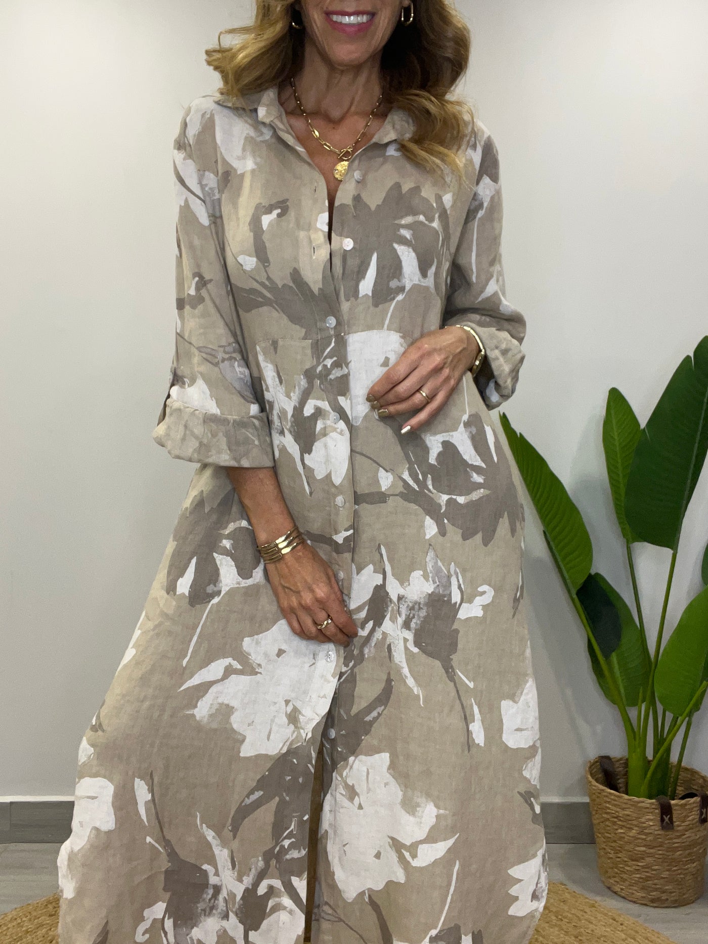 Vestido Lino Italiano Camisero Positano Beige