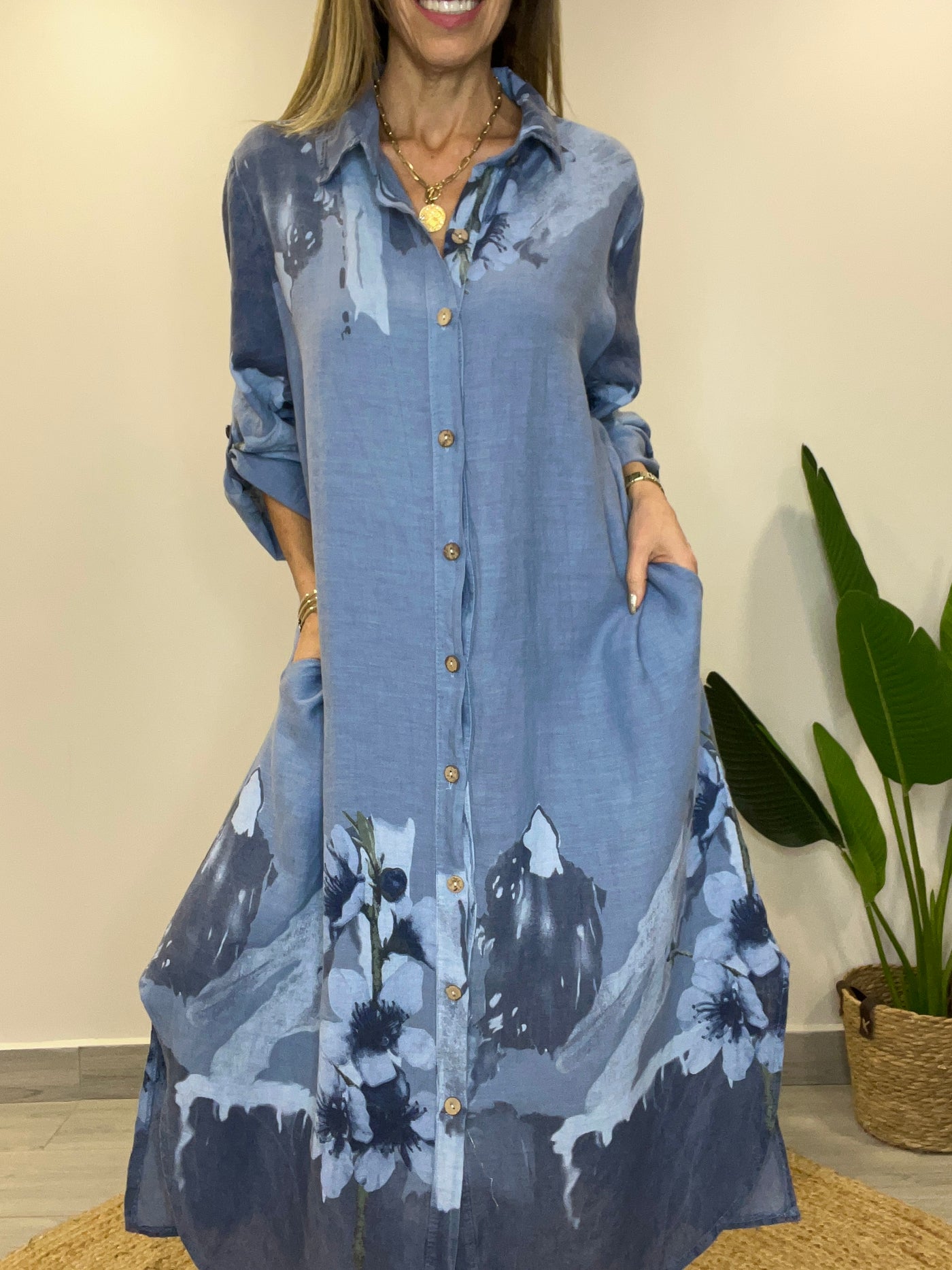 Vestido Lino Italiano Camisero Palermo Azul