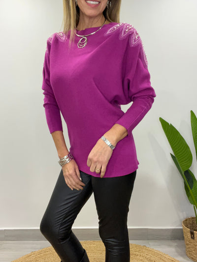 Sweater manga perlas Magenta