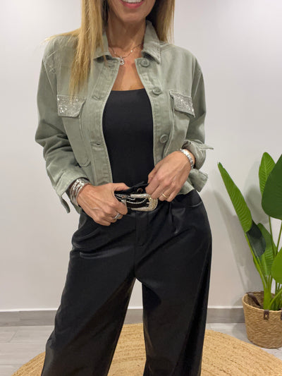 Chaqueta corta mezclilla circón musgo