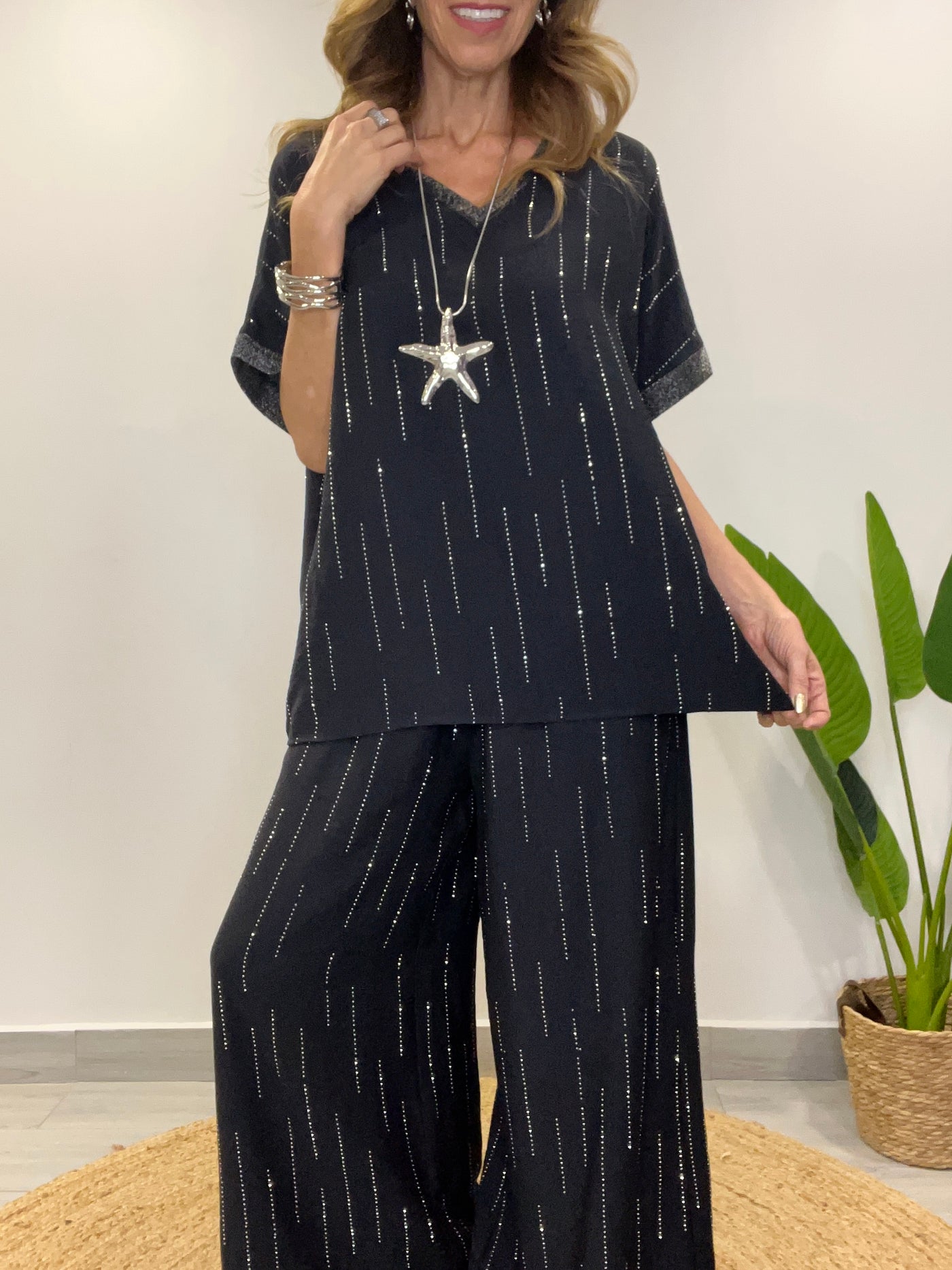 Conjunto Lino viscoso/Brillo Divino (2 piezas) Negro