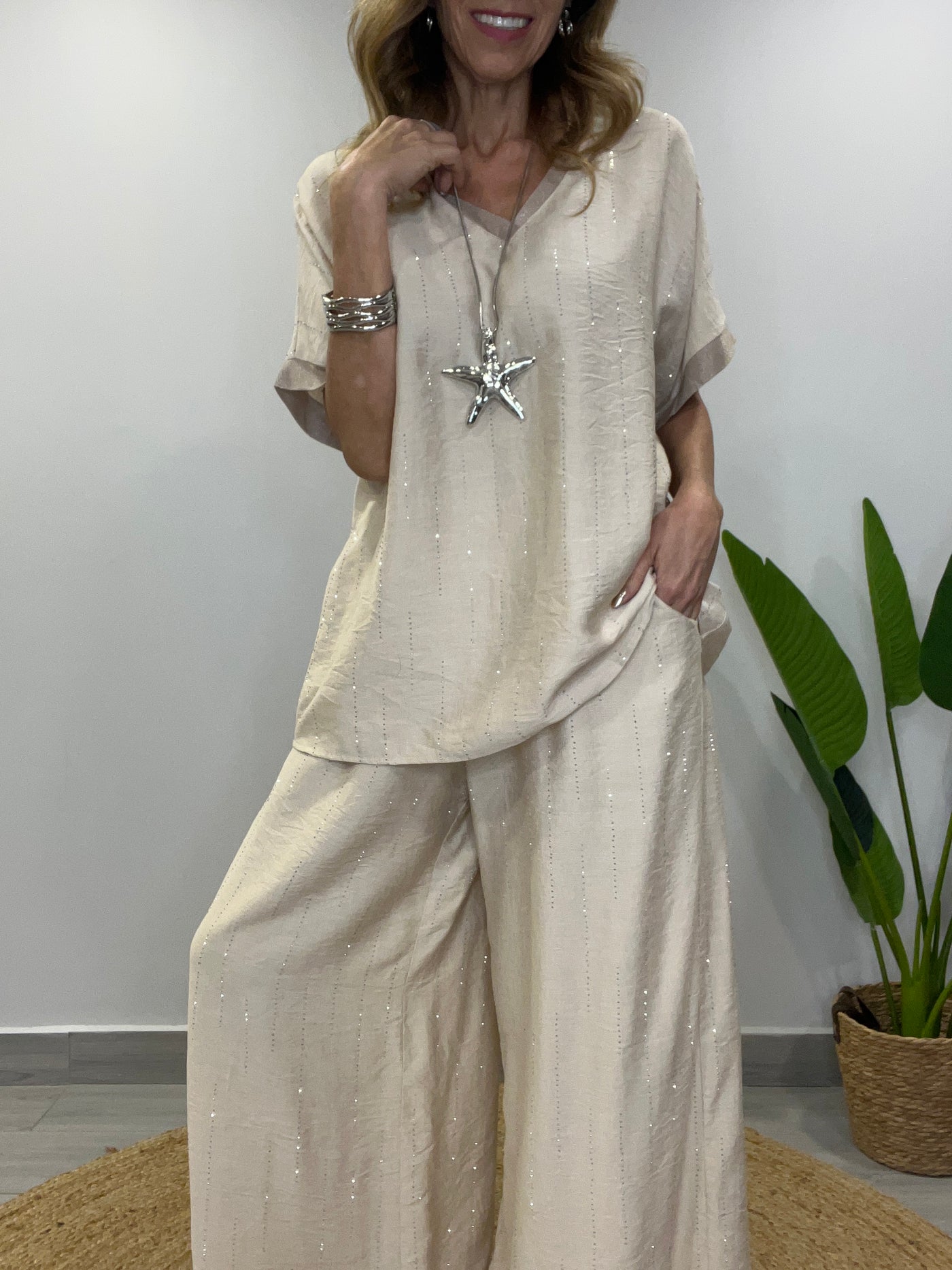 Conjunto Lino Viscoso/Brillo Divino (2 piezas) Arena