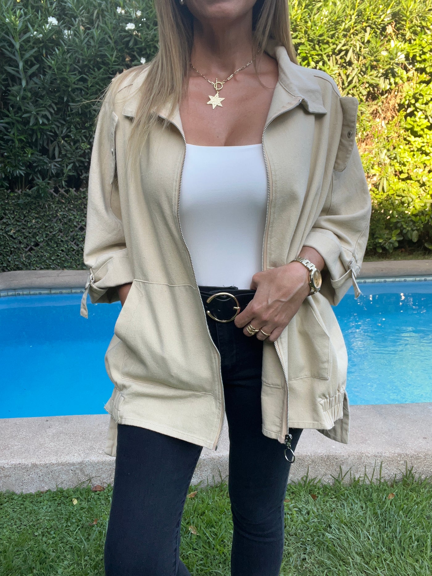 Chaqueta mezclilla Cale Beige (Oversize)