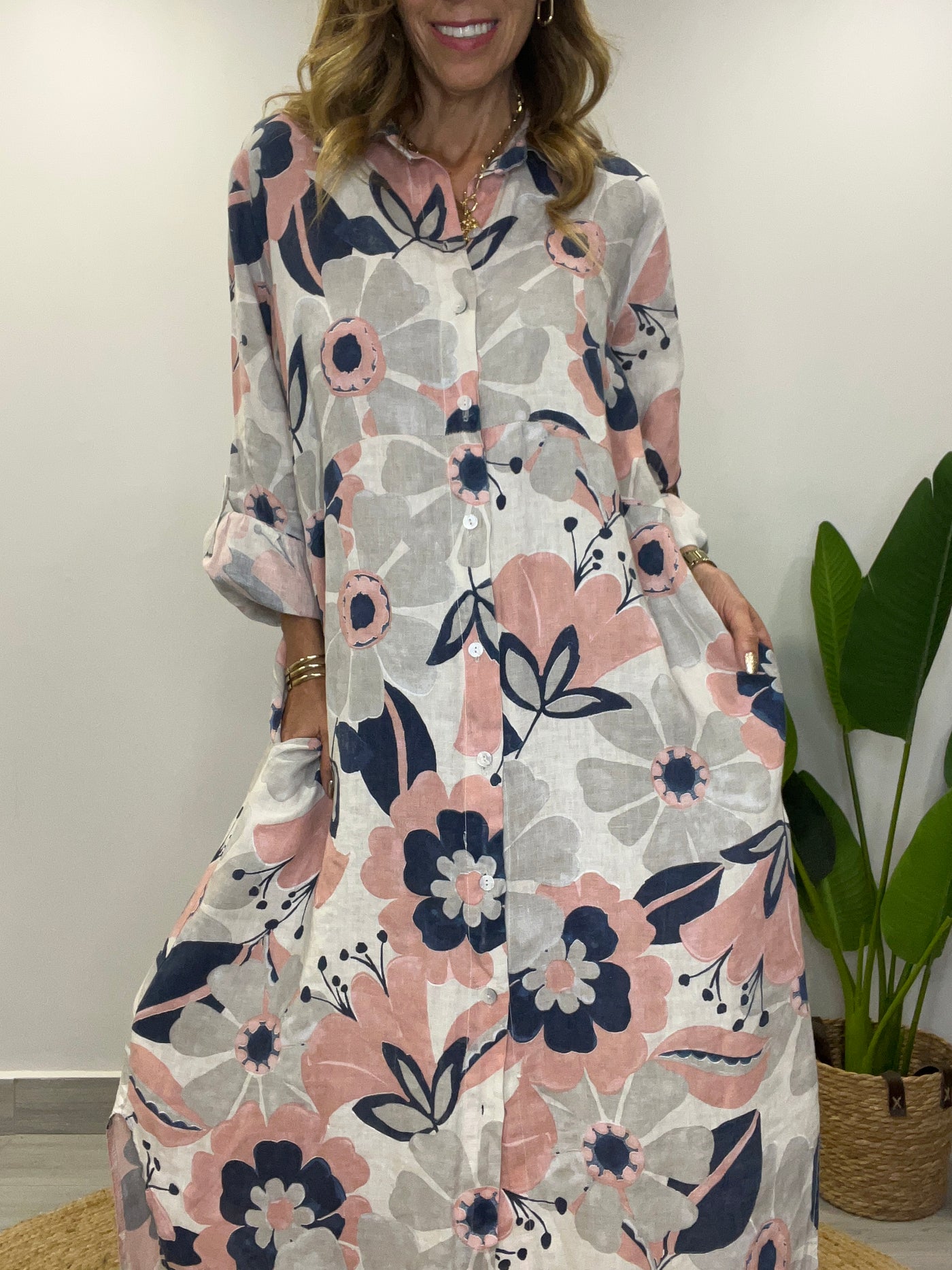 Vestido Lino Italiano Camisero Positano estelar