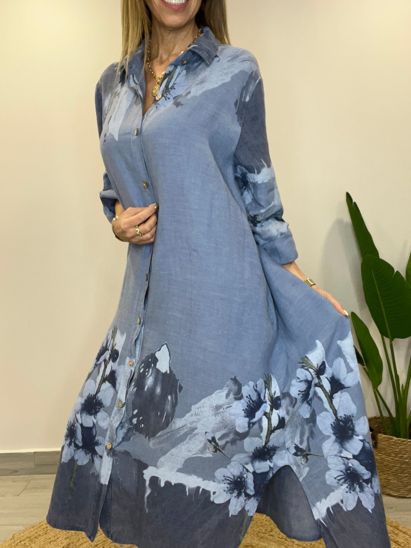 Vestido Lino Italiano Camisero Palermo Azul