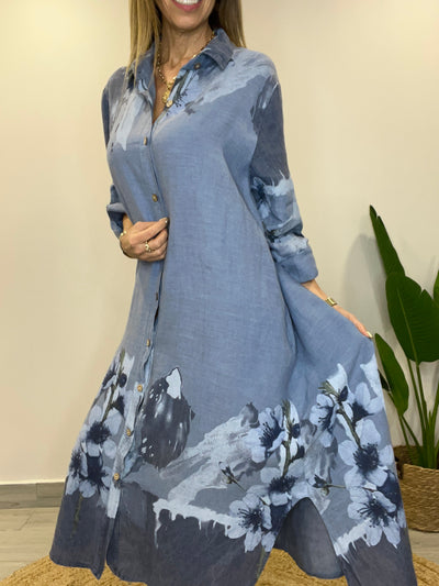 Vestido Lino Italiano Camisero Palermo Azul