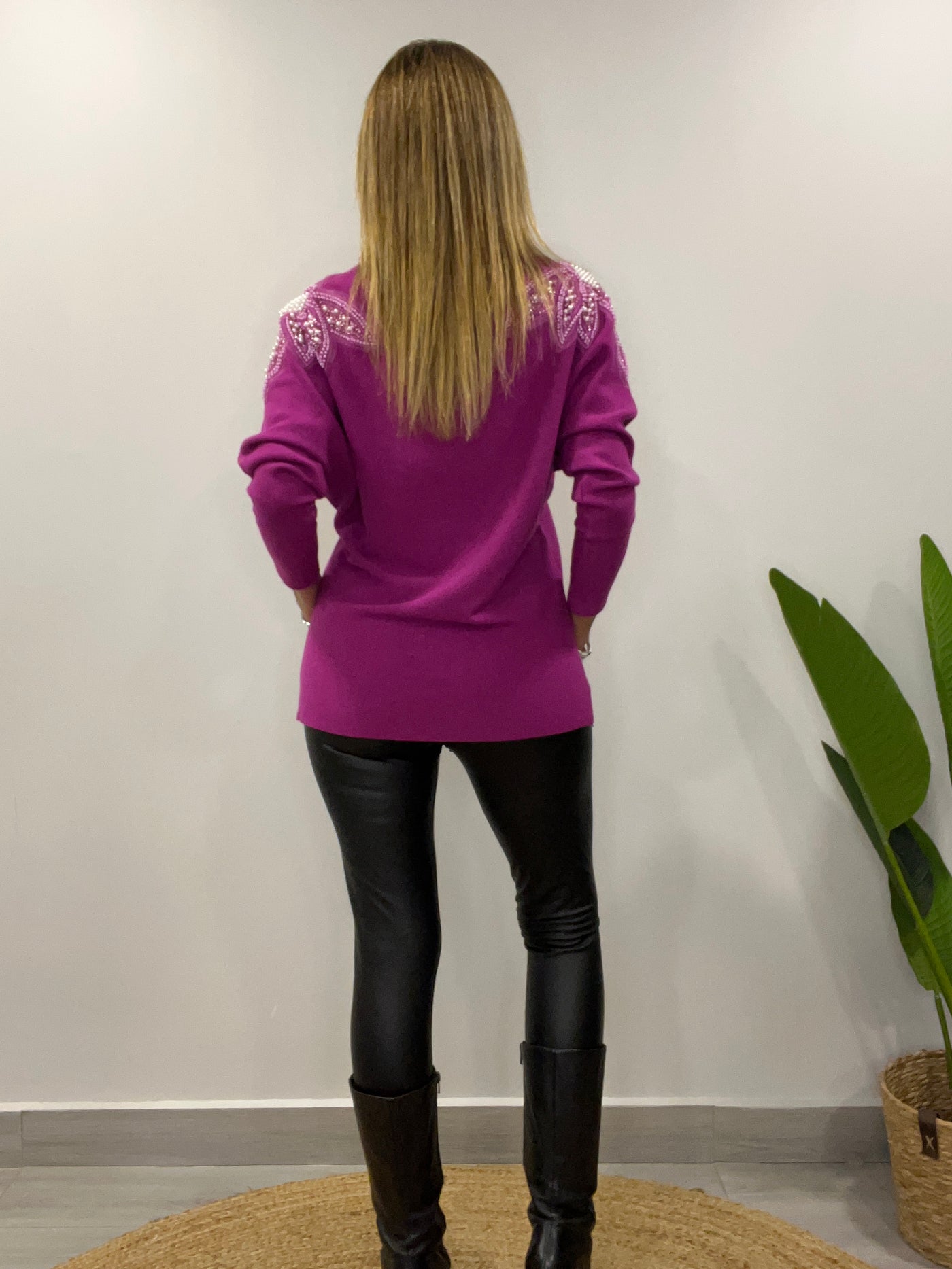 Sweater manga perlas Magenta