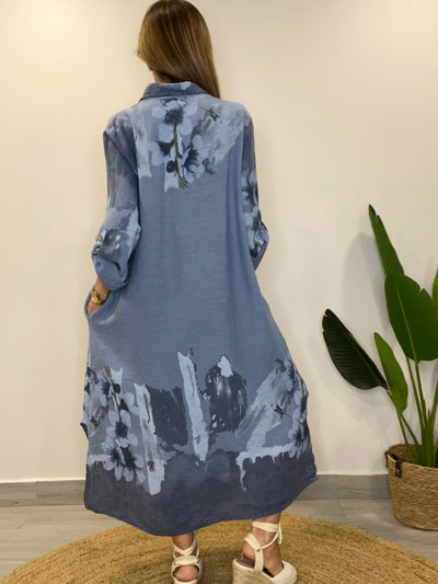 Vestido Lino Italiano Camisero Palermo Azul