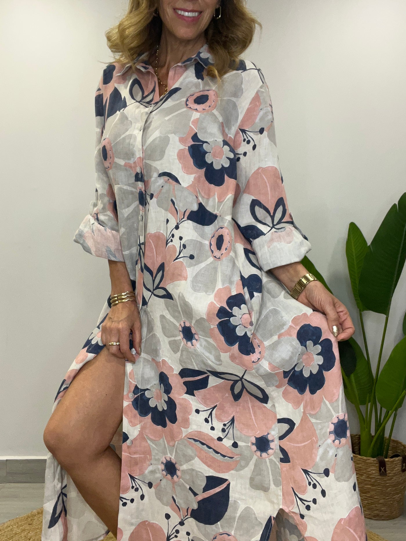 Vestido Lino Italiano Camisero Positano estelar