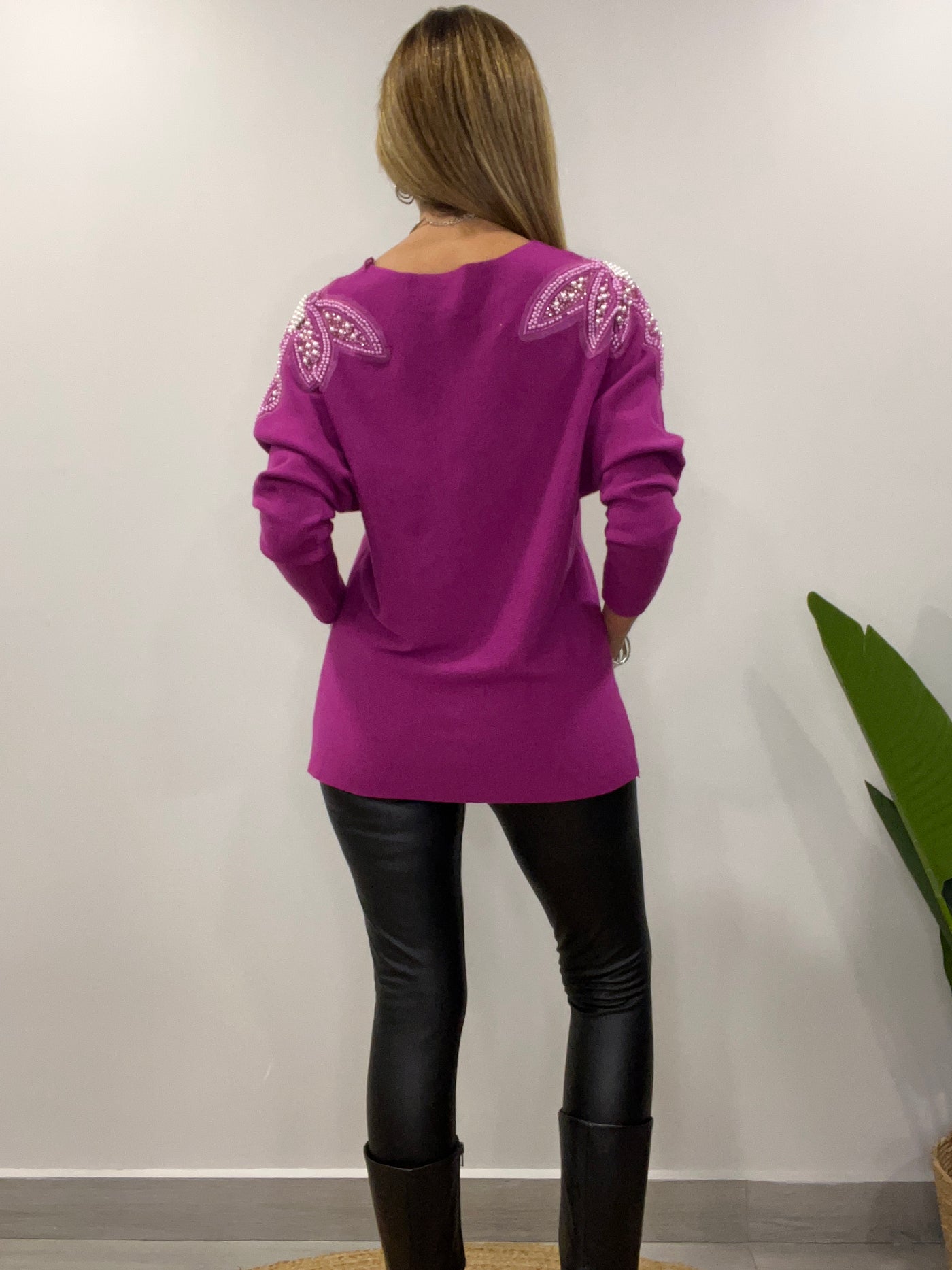 Sweater manga perlas Magenta