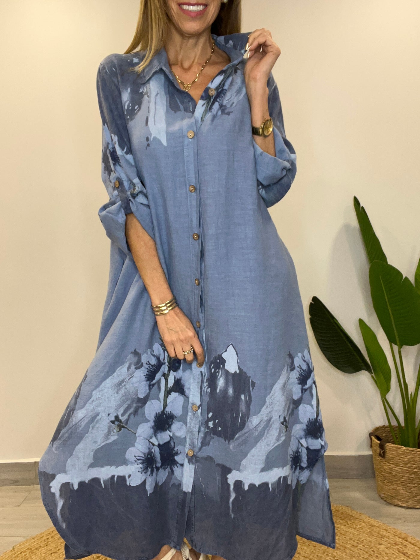 Vestido Lino Italiano Camisero Palermo Azul