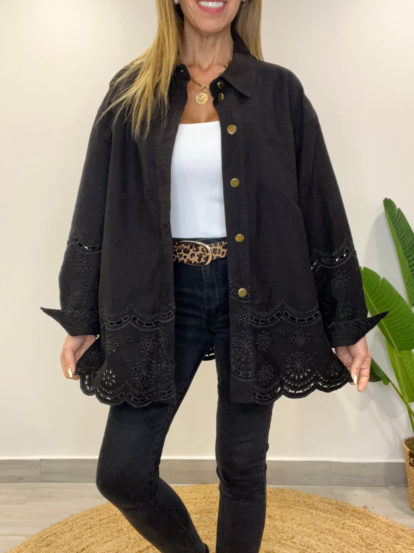 Chaqueta mezclilla/broderie Romántica Negra