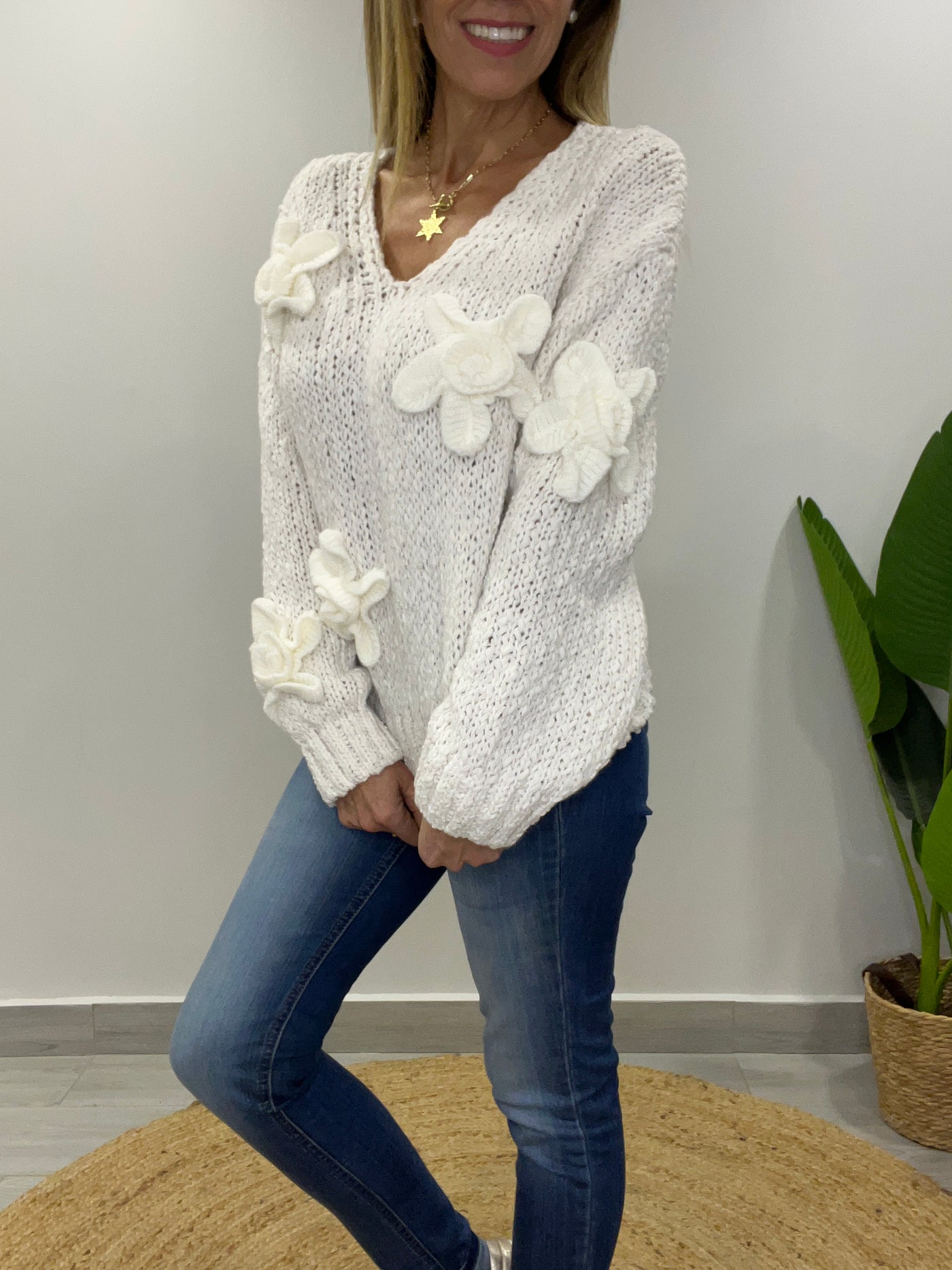 Sweater Flor Textura Blanco