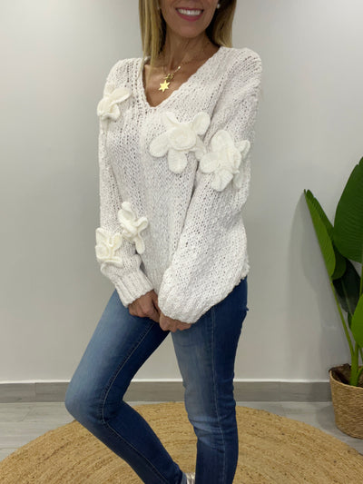 Sweater Flor Textura Blanco