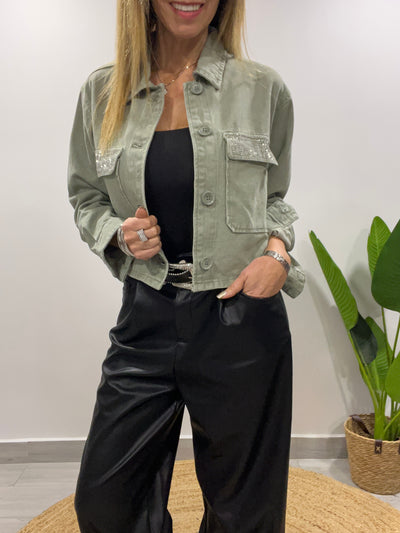 Chaqueta corta mezclilla circón musgo