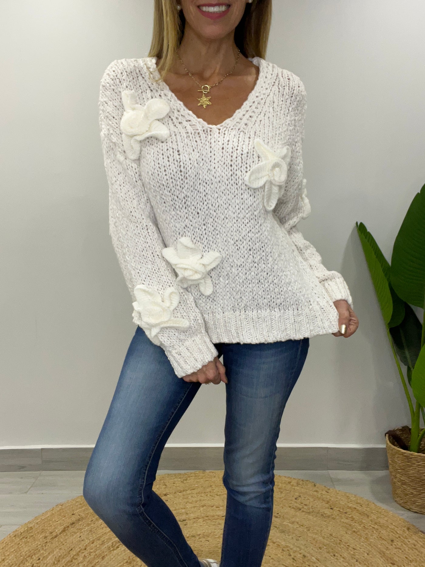 Sweater Flor Textura Blanco