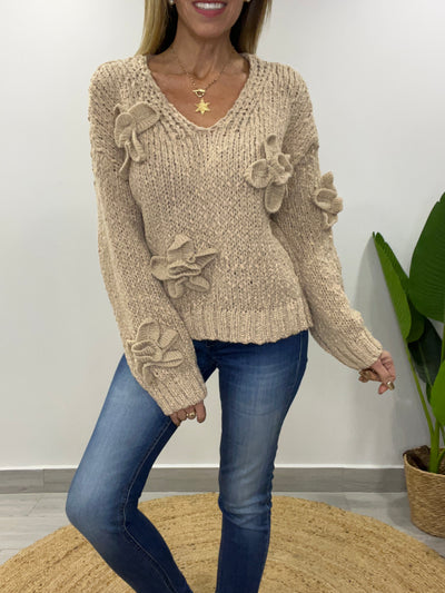 Sweater Flor Textura Camel