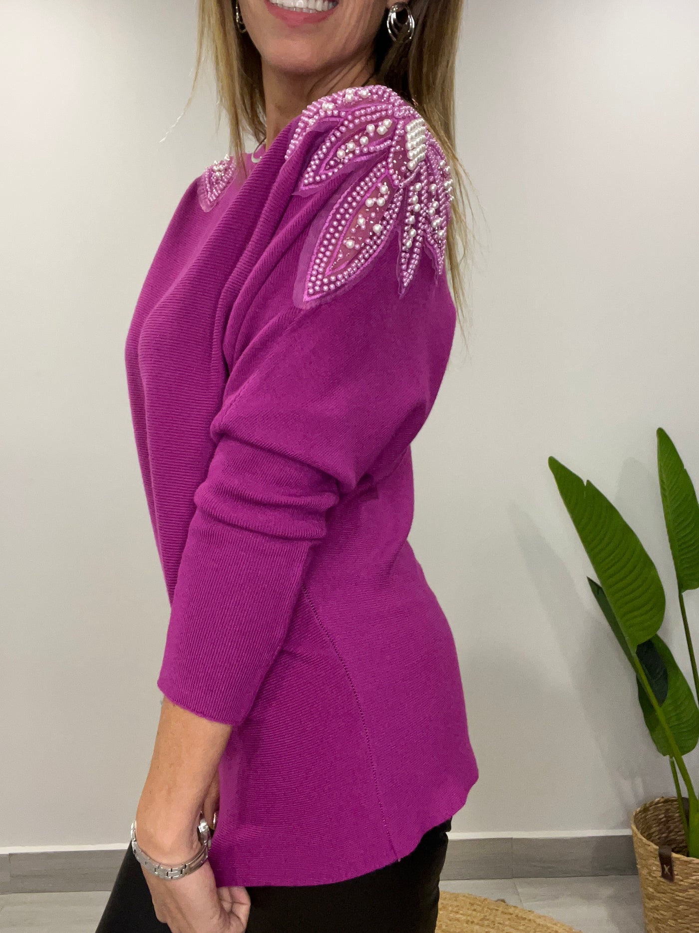 Sweater manga perlas Magenta