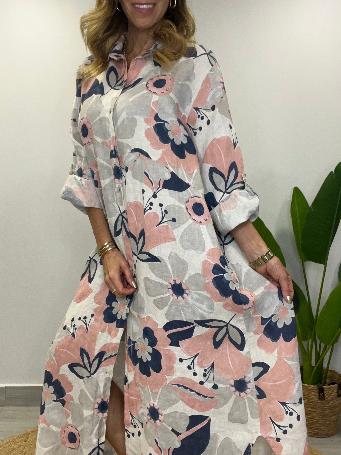 Vestido Lino Italiano Camisero Positano estelar