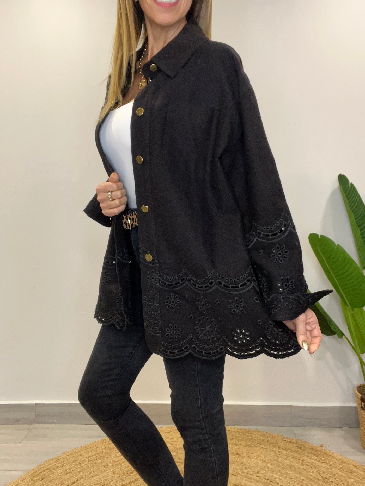 Chaqueta mezclilla/broderie Romántica Negra