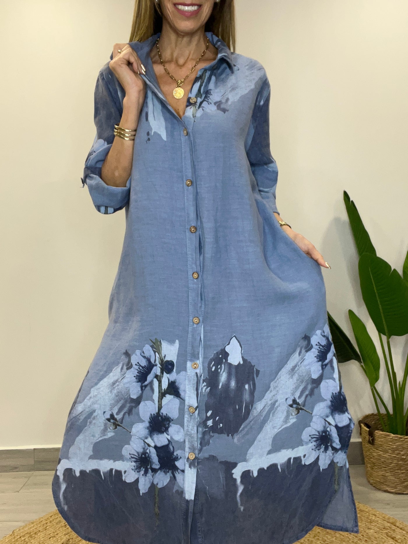 Vestido Lino Italiano Camisero Palermo Azul