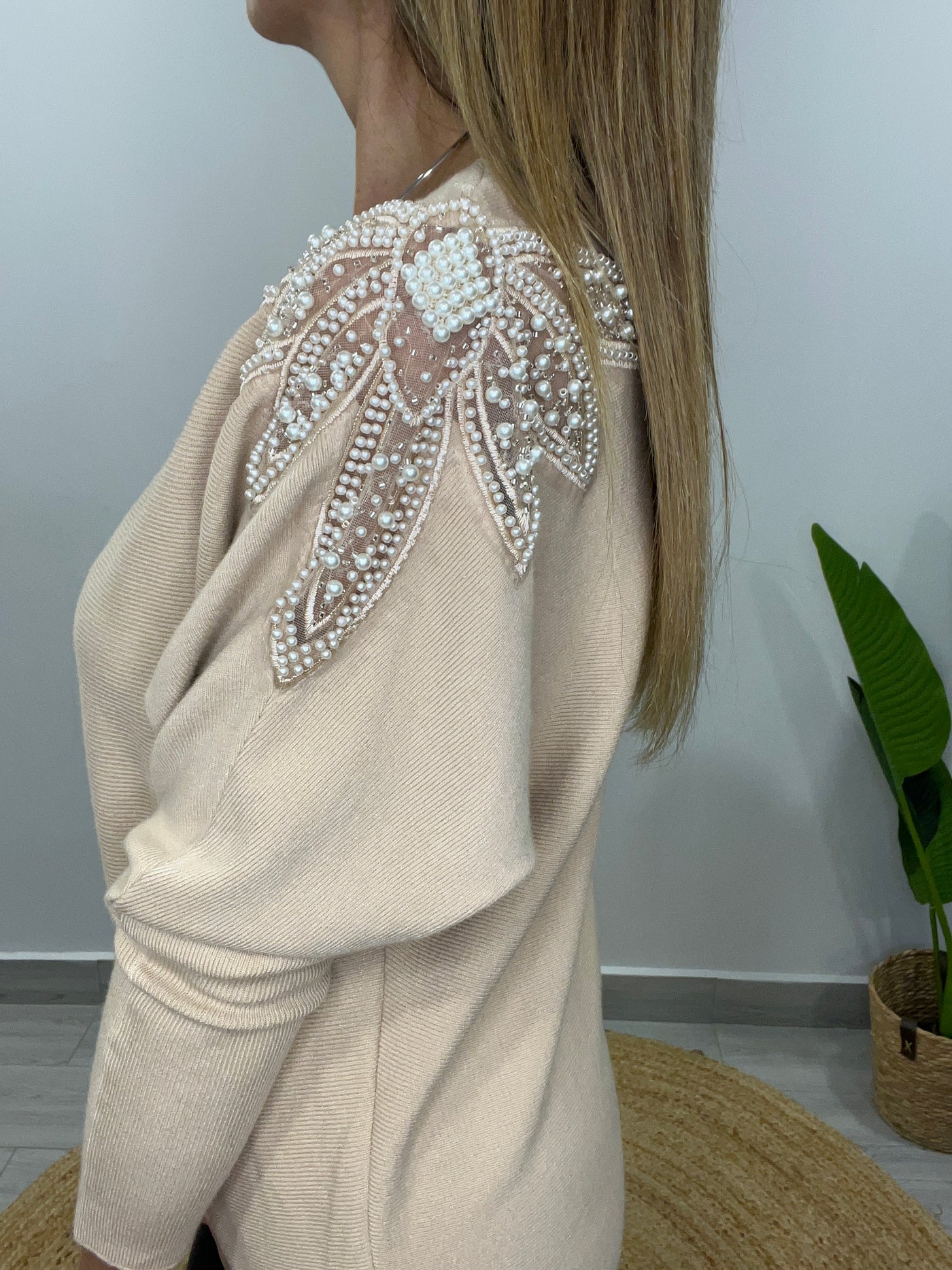 Sweater manga perlas Beige