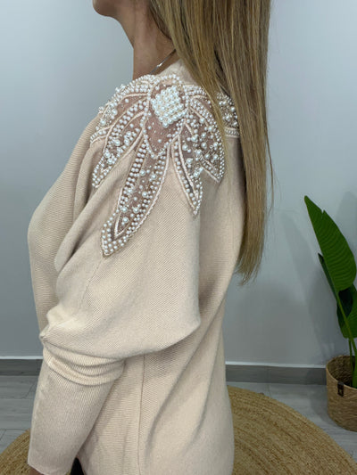 Sweater manga perlas Beige
