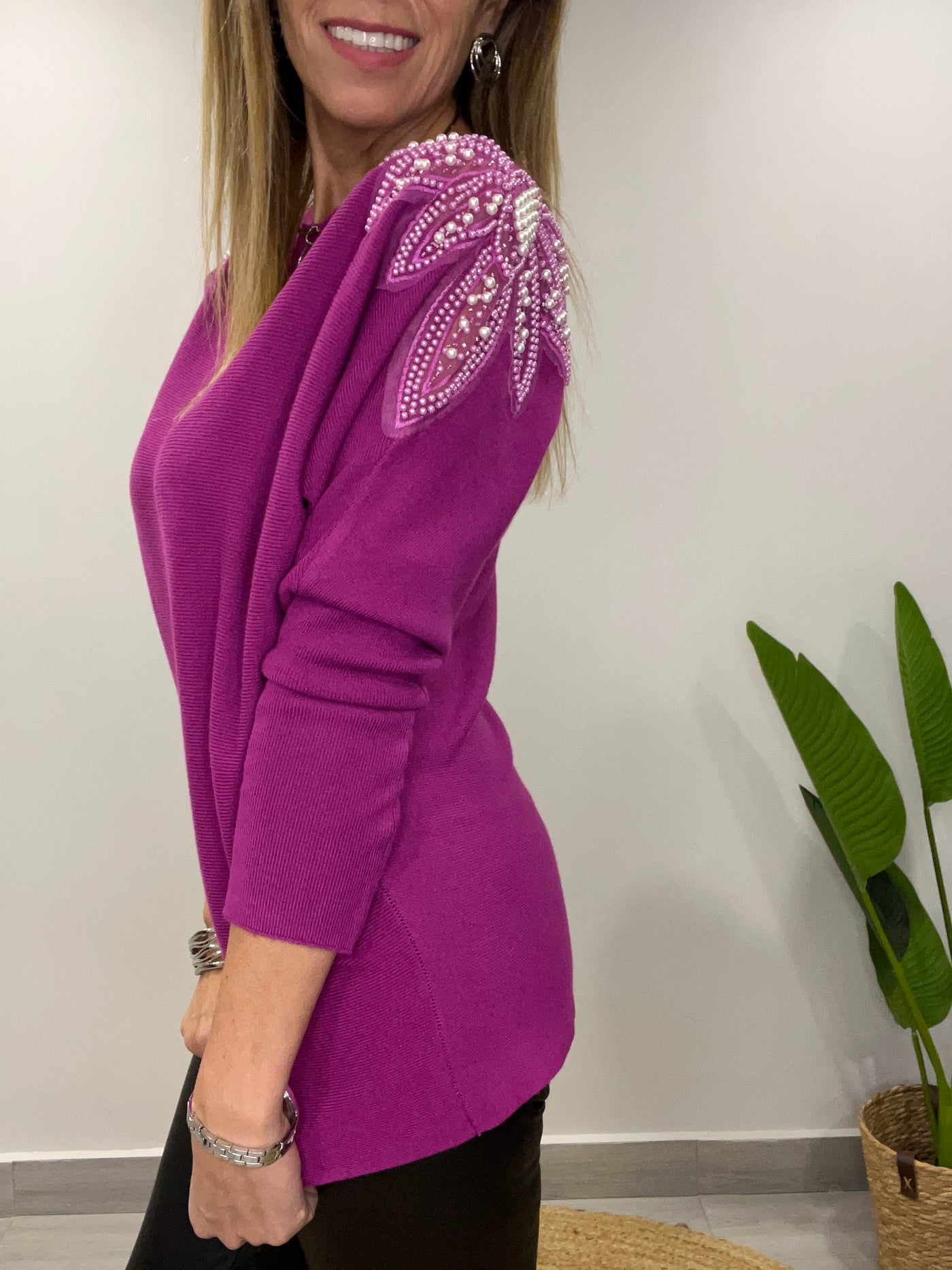 Sweater manga perlas Magenta