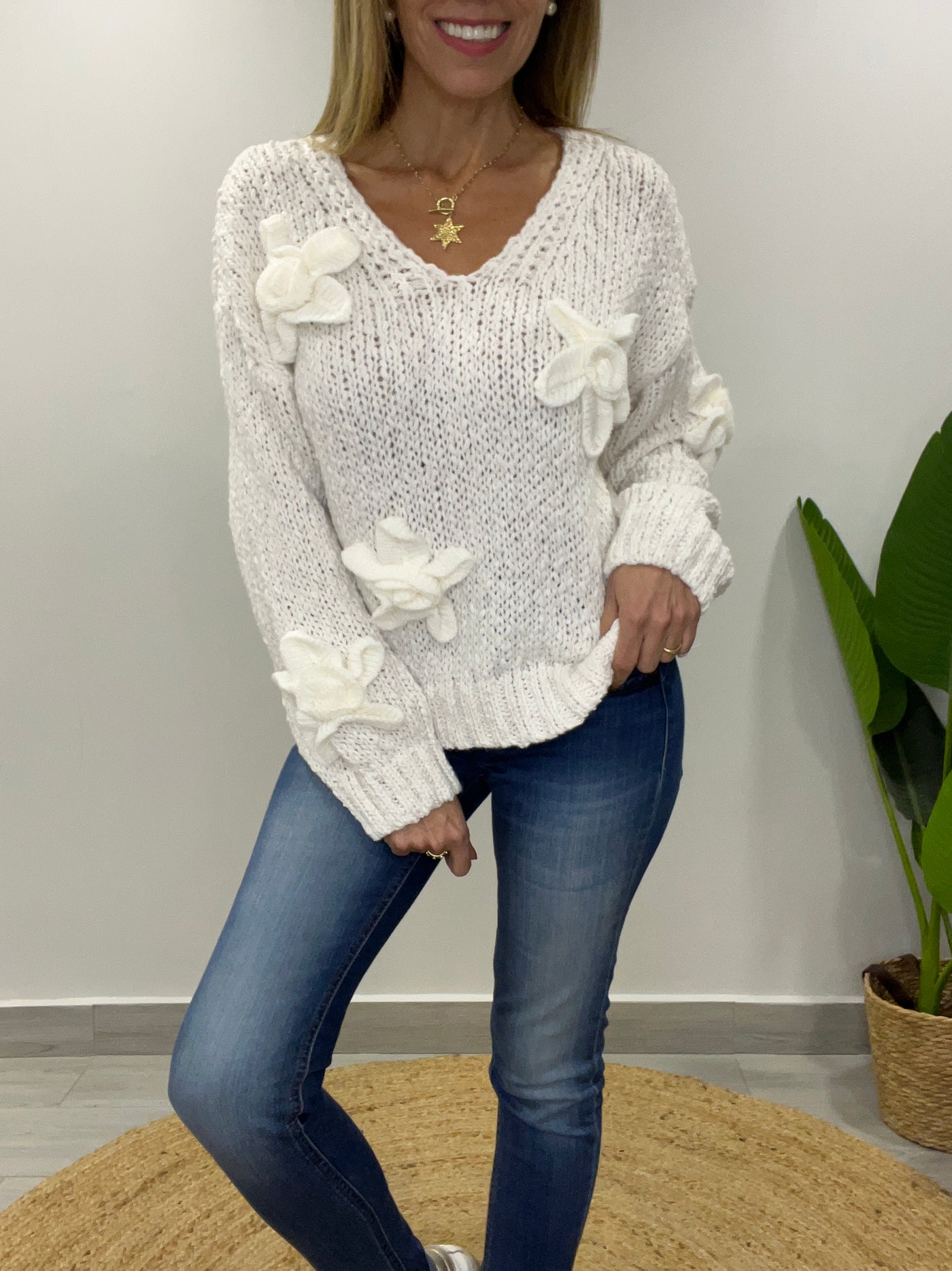 Sweater Flor Textura Blanco