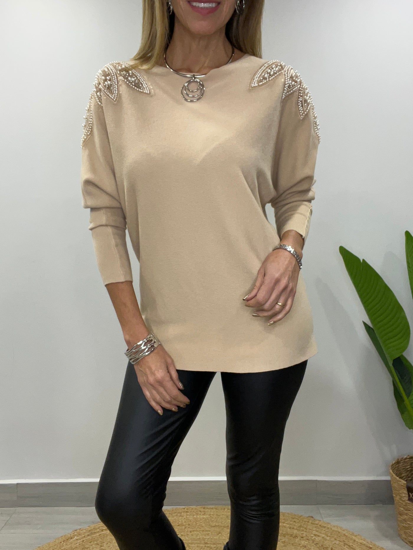 Sweater manga perlas Beige