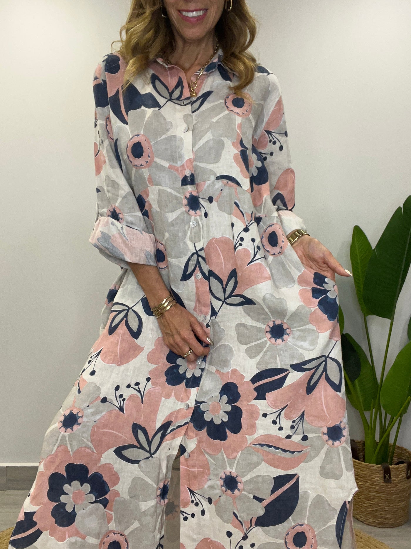 Vestido Lino Italiano Camisero Positano estelar