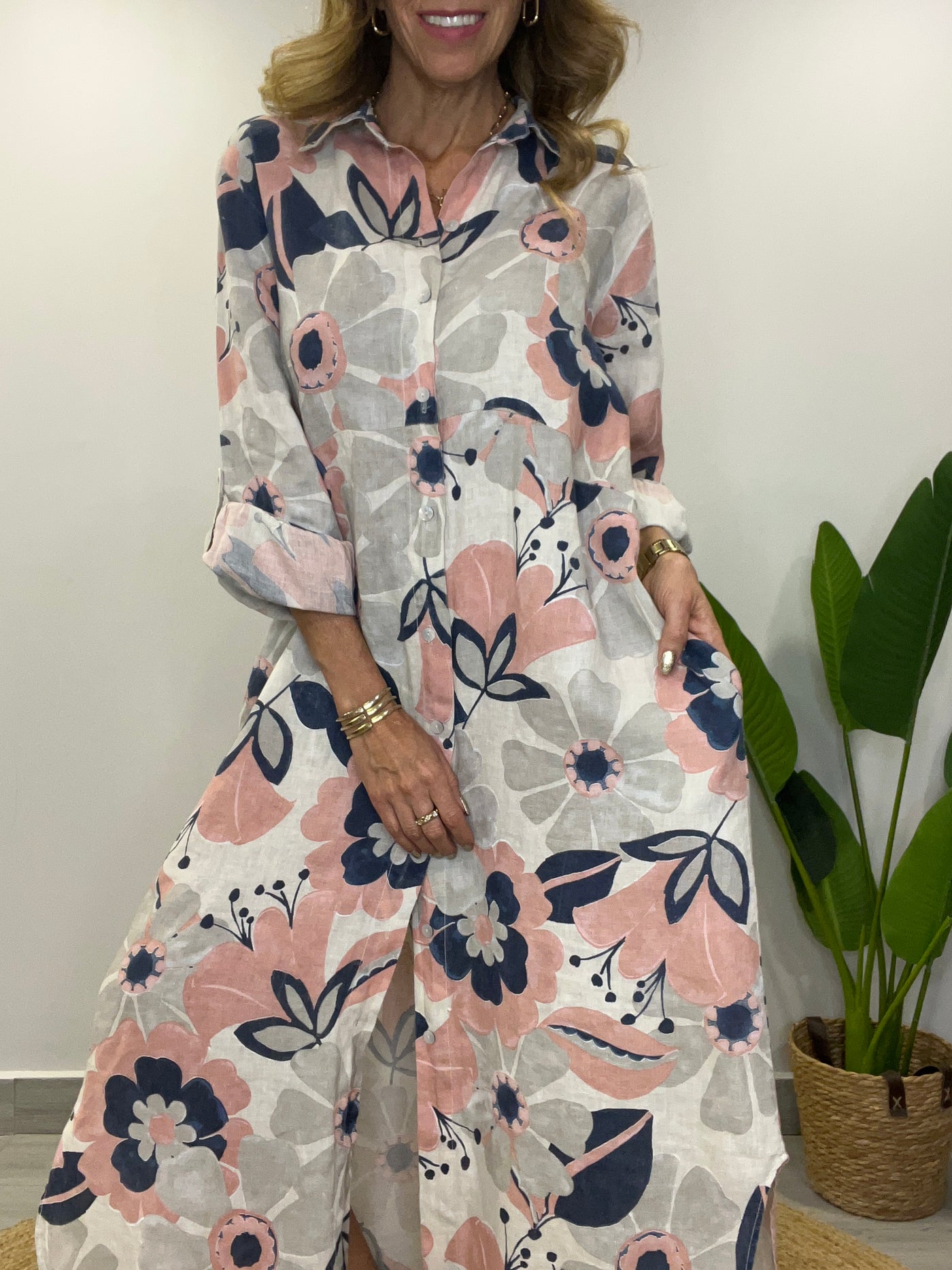 Vestido Lino Italiano Camisero Positano estelar