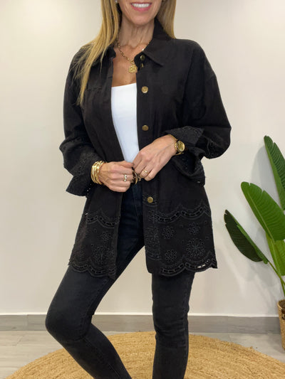 Chaqueta mezclilla/broderie Romántica Negra