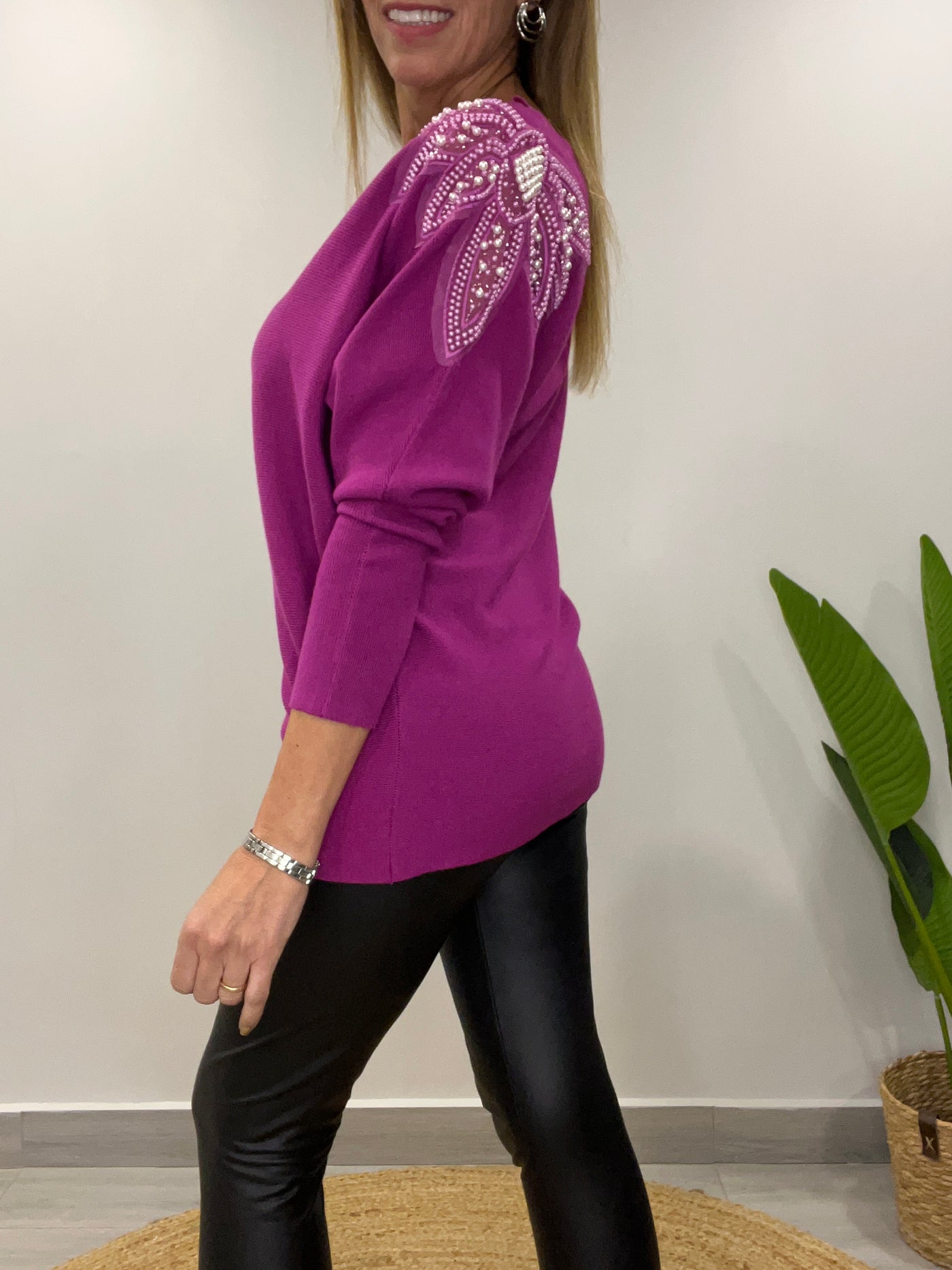 Sweater manga perlas Magenta