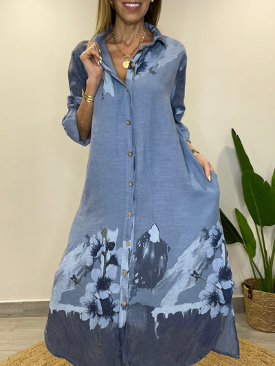 Vestido Lino Italiano Camisero Palermo Azul