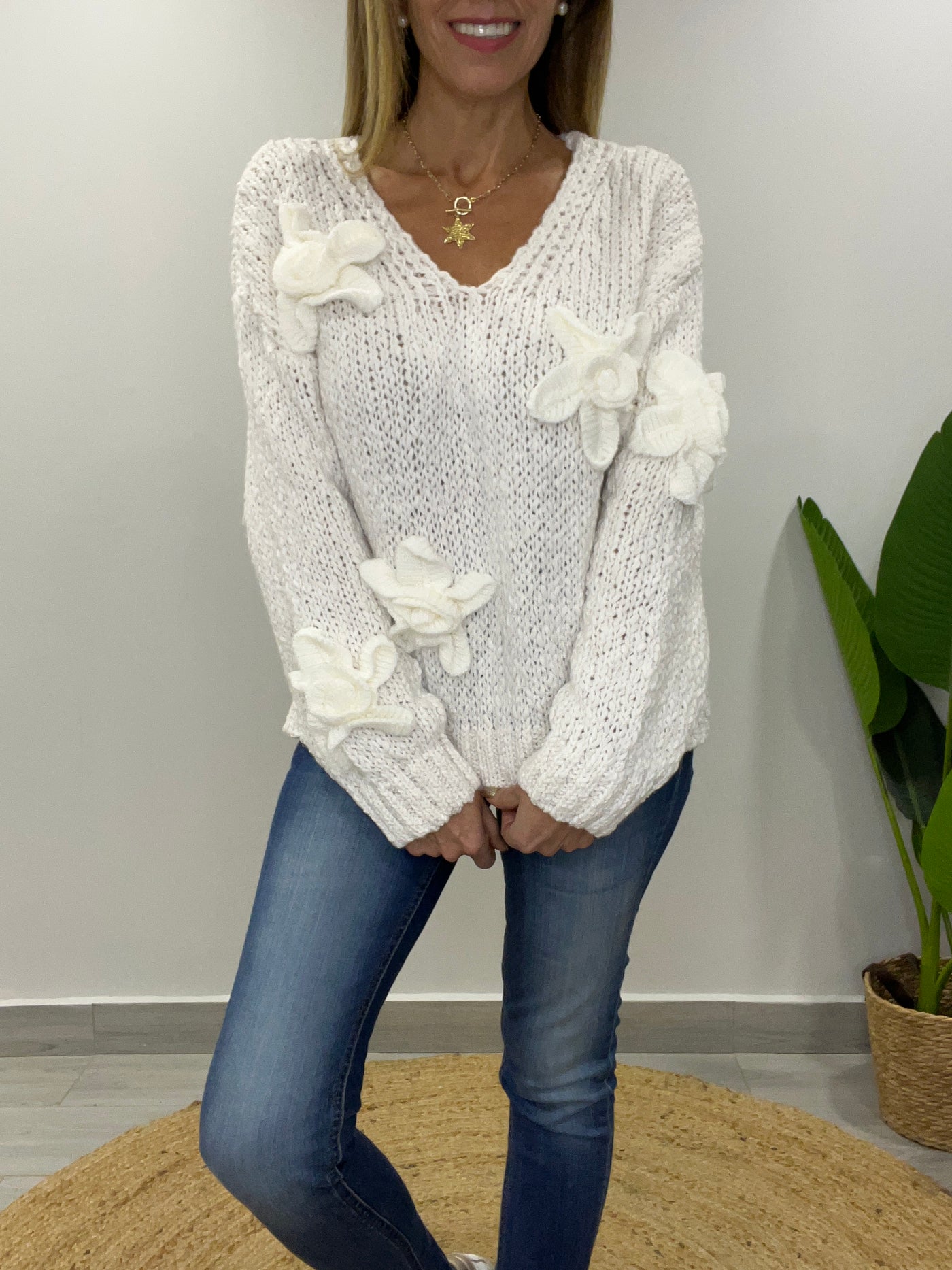 Sweater Flor Textura Blanco