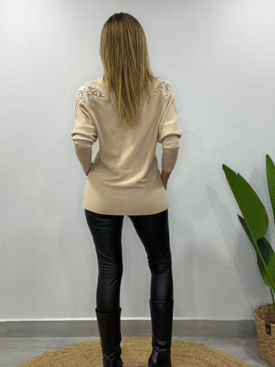 Sweater manga perlas Beige